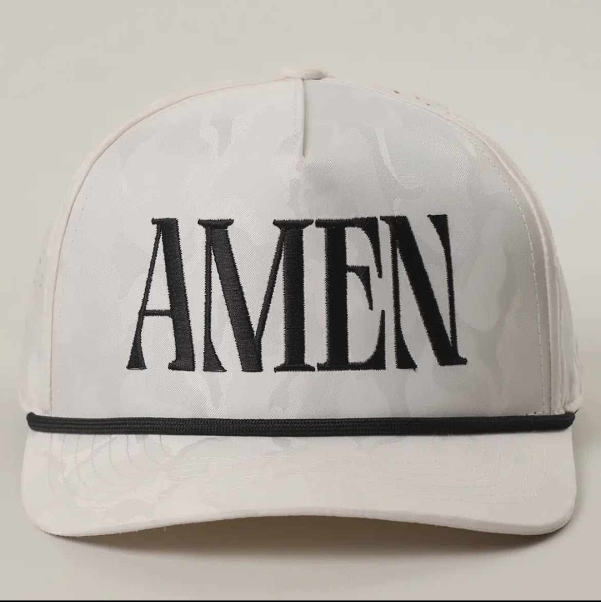 White Camo Amen Black Embroidery Hat