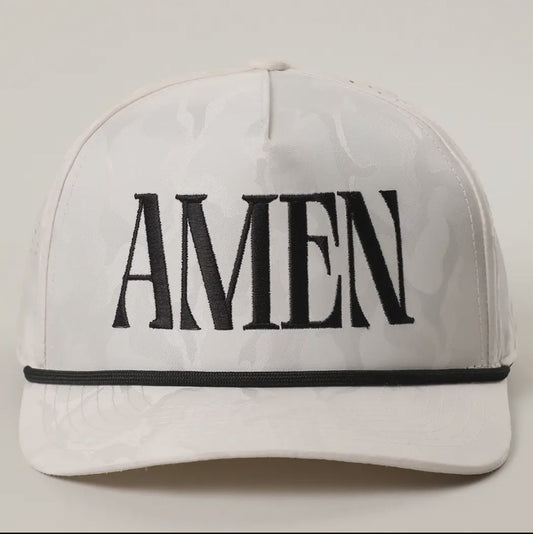 White Camo Amen Black Embroidery Hat